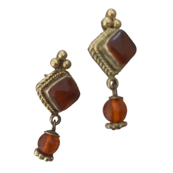 Sterling Silver Gold Plated Carnelian Drop Earring studs ornate oriental - Picture 4 of 8